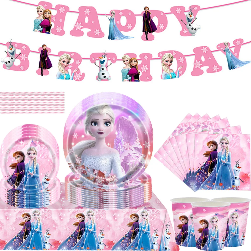 Pink Disney Frozen Anna Elsa Birthday party 10guest party disposable paper cutlery for baby girl favor party decoration set