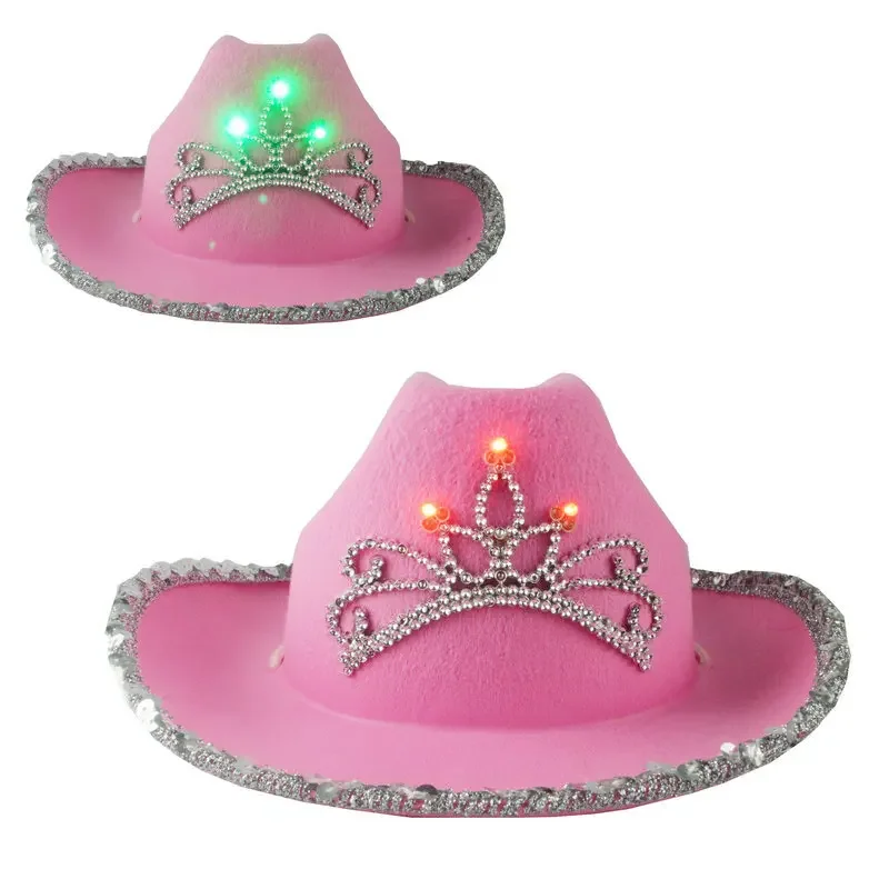Pink Crown Western Cowboy Feather Hat Headwear Sequin Wrapped Pink Western Cowboy Hat Women's Stage Hat