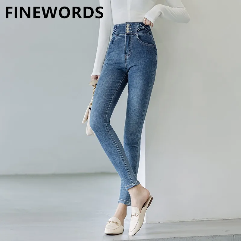 FINEWORDS Vintage Blue Stretch Skinny High Waist Jeans Women Korean Push Up Jeans Streetwear Harajuku Slim Elegant Denim Pants