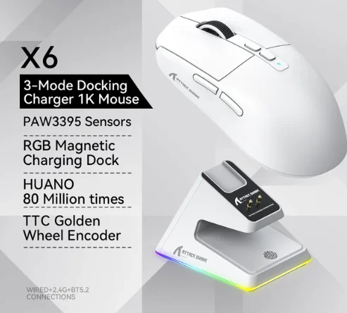 Attack For Shark X6 RGB Wireless Tri-Mode Mouse PixArt PAW3395 withTouch Magnetic Charging Base