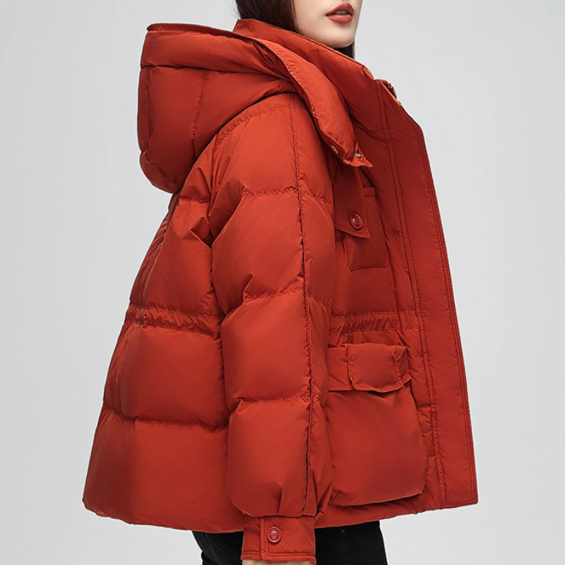 Short Women Jacket Korean Coats Down Fashion Simple Casual Puffer Coat Hooded Drawstring Loose Outerwear Warm Thick Down Jackets