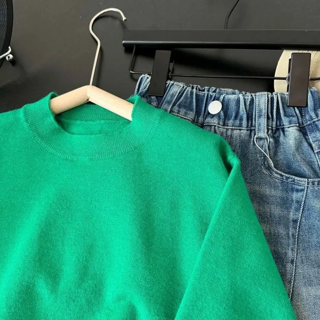 Boys' Sweater 2026 New Forest Green Round Neck Sweater Autumn Soft Sticky Knitted Stylish Interior Pair