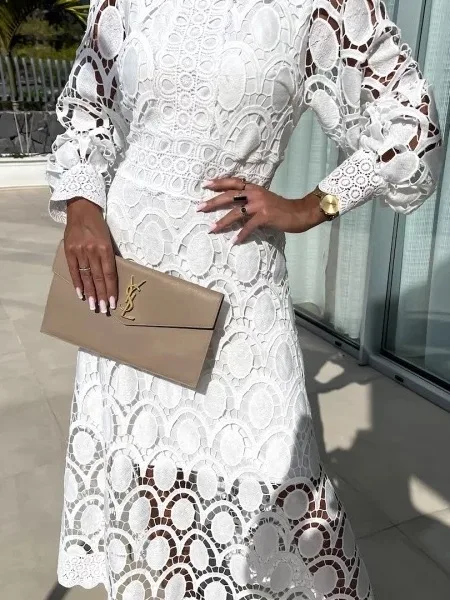 Sexy Lace Standup Collar Cutout Dr Street Sle Splice Midi Long Sve Polyester Summer Faion A-Line Gown without Brand