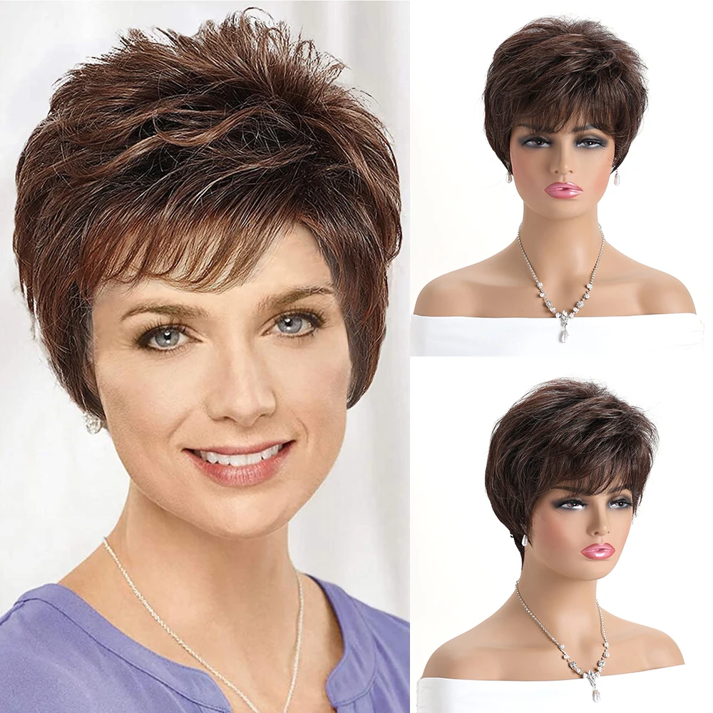

10 Inch Brown Mixed With Gold Natural Synthetic Wigs For Women Short Curly Wig Daily Party Halloween Heat Resistant Hair