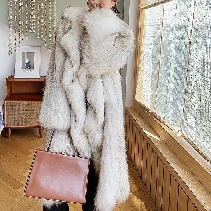 New Faux Raccoon Fur Coat Ankle Length Long Wear Winter Warm Woven Fox Fur Fluffy Overcoat Woman