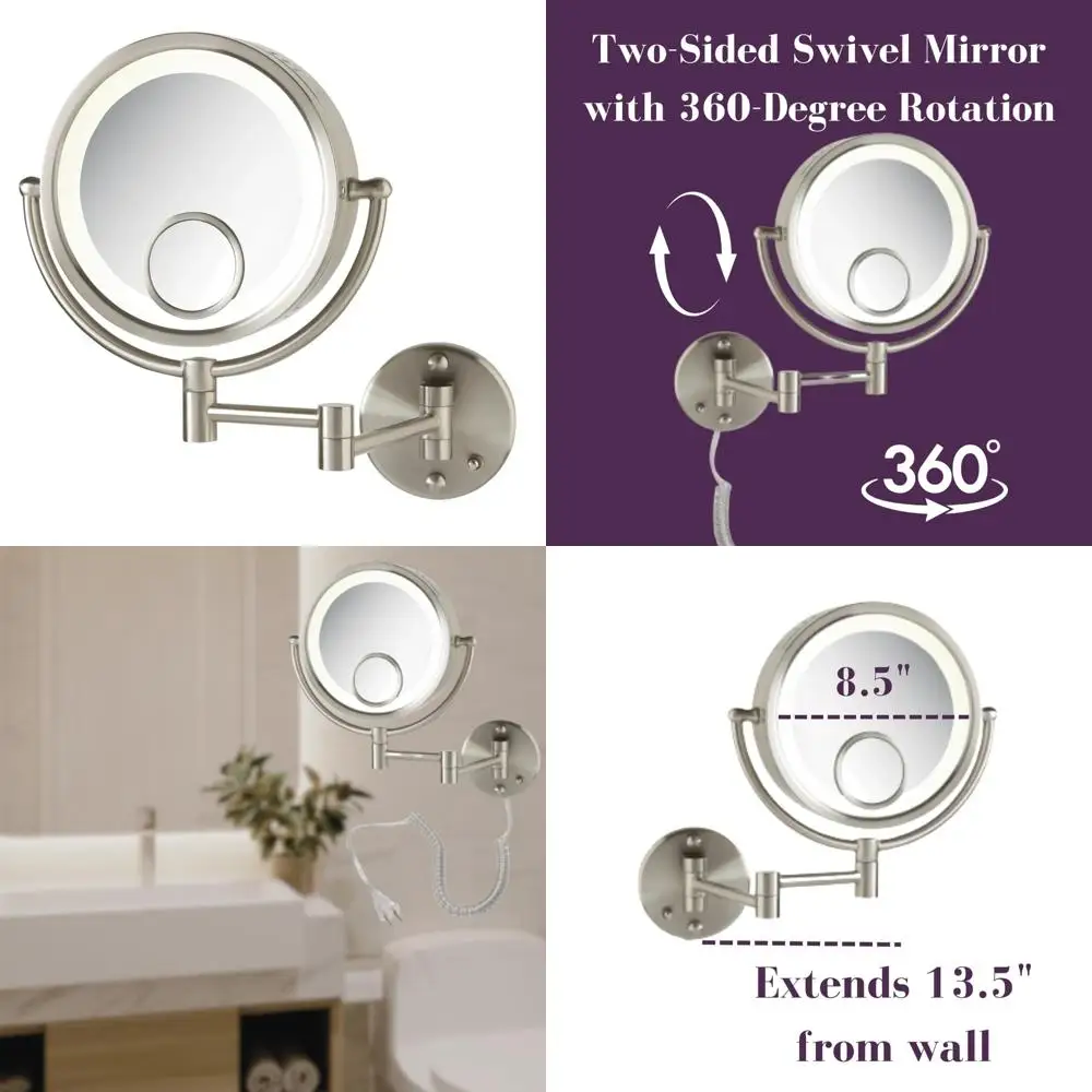 

Lighted Wall Mount Makeup Mirror - 1X/7X/15x Magnification - Nickel Finish - Compact and Portable Vanity Mirror