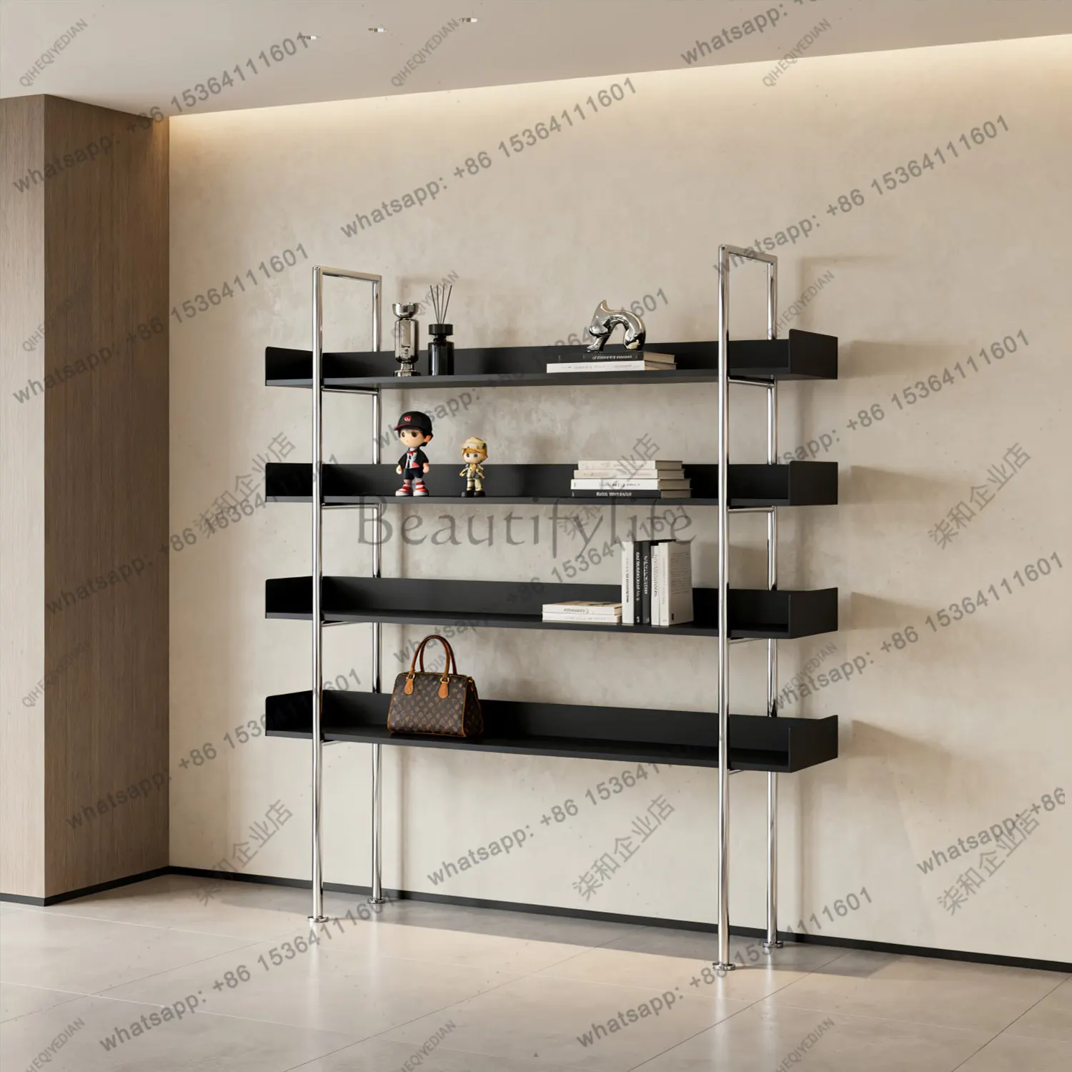 PG Stainless steel bookshelf living room simple bookcase floor rack integrated wall steel partition item display rack