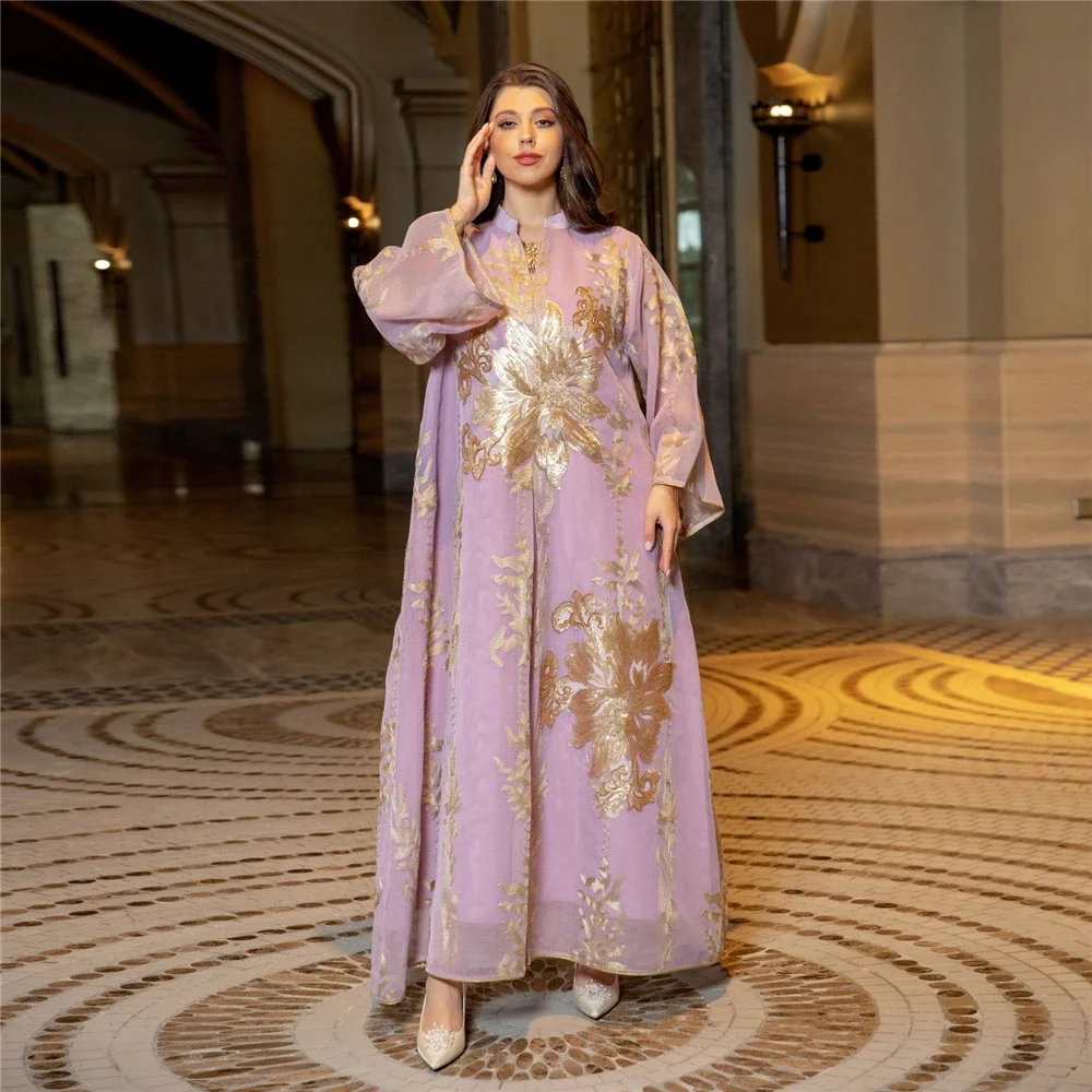 New Moroccan Muslim Abaya Dress Dubai Ramadan Sequins Floral Embroidered Long Kaftan Maxi Dresses Women Evening Jalabiya Vestido