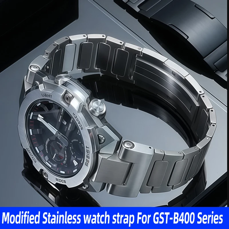 تعديل حزام ساعة اليد غير القابل للصدأ لساعة كاسيو G-SHOCK الصلب القلب GST-B400 سلسلة الرياضة الرجال معصمه حزام + أدوات