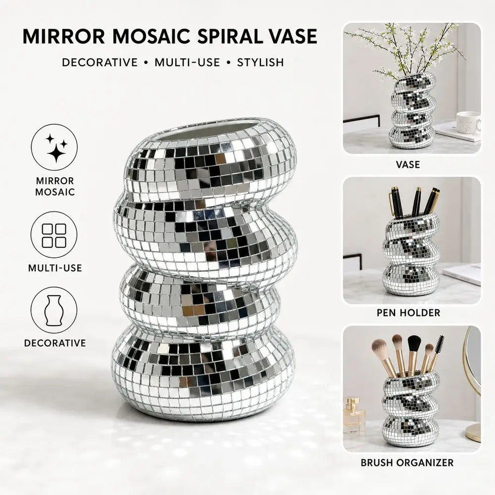 Decorative Flower Vase Disco Ball Vase Glass Mosaic Reflective Surface Mosaic Flower Vase Silver Wavy Structure Mirror Tile Vase