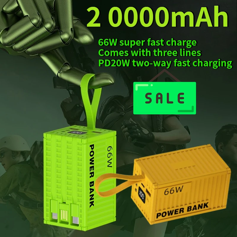 

20000 мАч Power Bank большой емкости со встроенными кабелями 66 Вт, портативный аккумулятор Powerbank с быстрой зарядкой для IPhone, Samsung, Xiaomi
