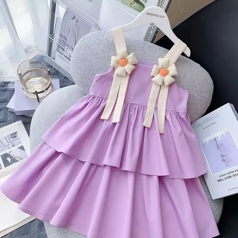 Summer Flower Dresses for Girls Wedding Dress Children  Party Gown Kid Girl Layer Princess Sling Evening Casual Dress