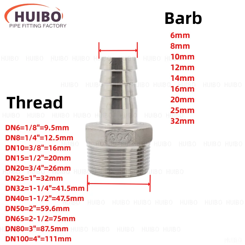 304 aço inoxidável Mangueira Barb Connector, macho Rosca Pipe Fitting, Pagoda Acoplamento Cauda Connector, 1/8 \