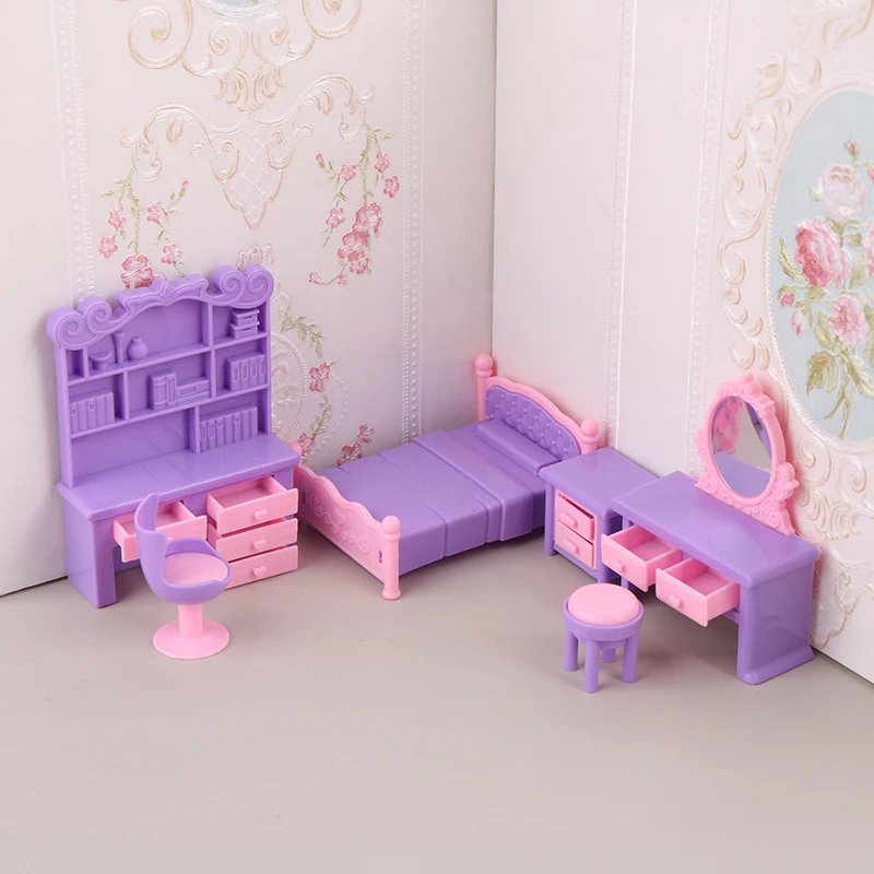 6 stks/set Poppenhuis Miniatuur Bureaustoel Kaptafel Nachtkastje Mini Bed Meubels Model Poppenhuis Decor Accessoires