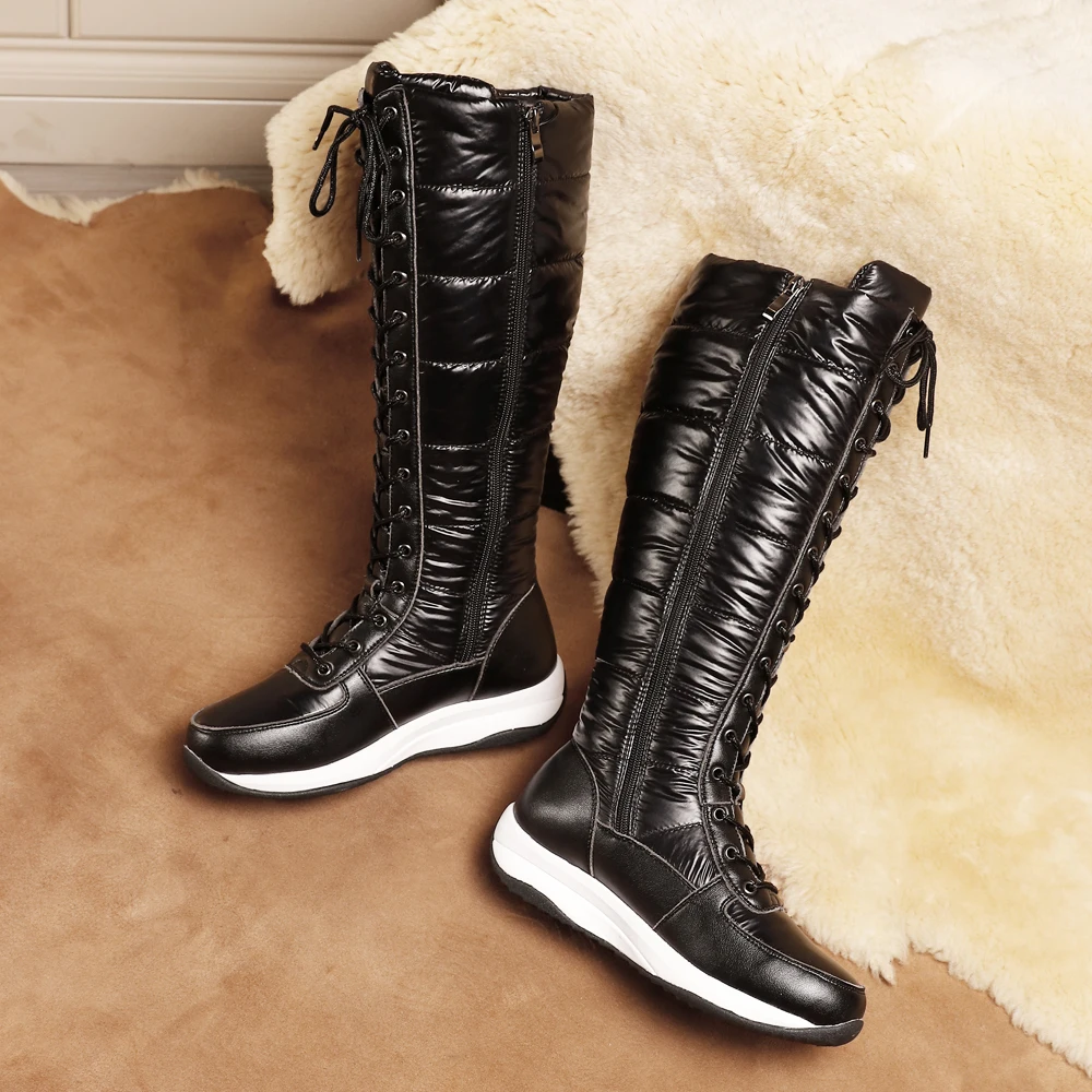 New Fashion Women Winter Genuine Leather Knee High Boot Zipper Low Heels Snow Boots Ladies Fur Casual Flat Shoes Black Plus Size