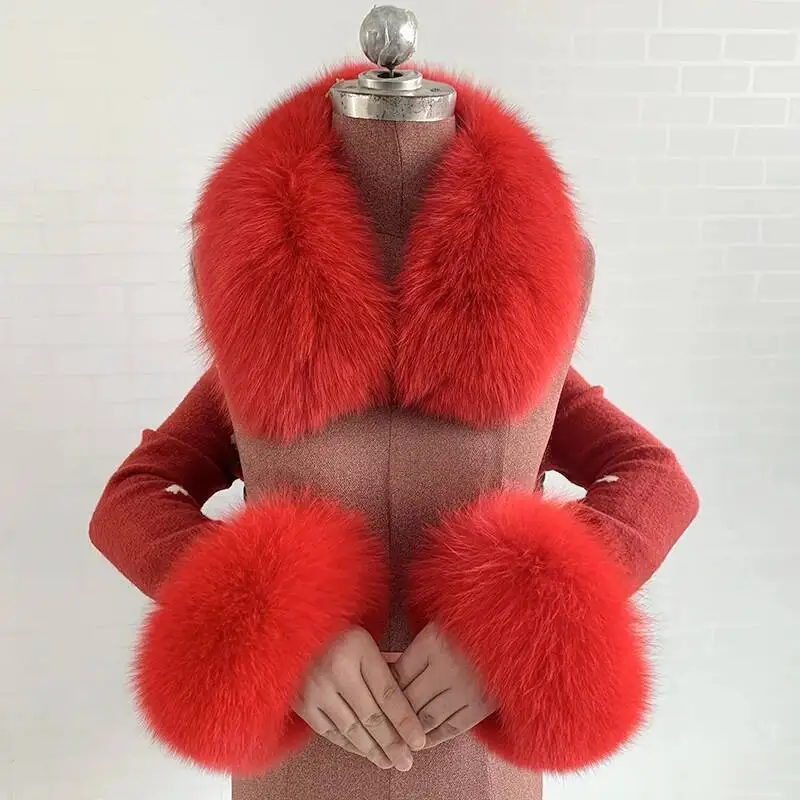 

Natural Color Fox Fur Square Collar Cuff Set Women's Winter Raccoon Fur Scarf Thick Warm Fashion Style Scarfs