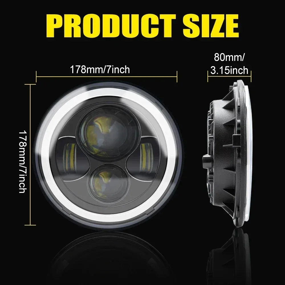 Car Headlight 7 Inch H4 LED Car Light DRL Angle Eyes Ring Halo 12V 24V Hi/Lo for JEEP Wrangler JK TJ LJ CJ7 Lada Niva Offroad