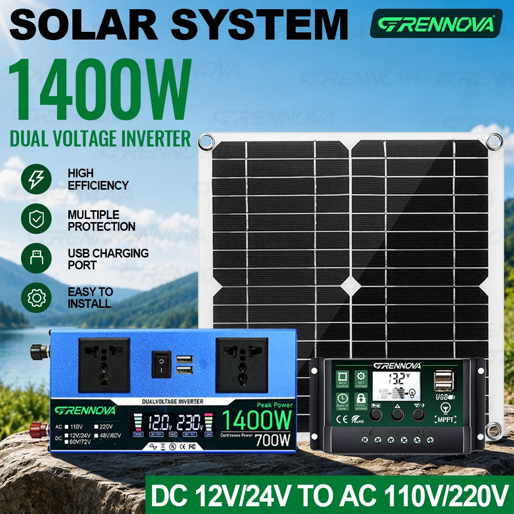 Grennova 1400W Solar kit Intelligent Inverter(continuous Power 700W )30W Solar Panel 60A Controller 12/24V 110V/220V for fish RV