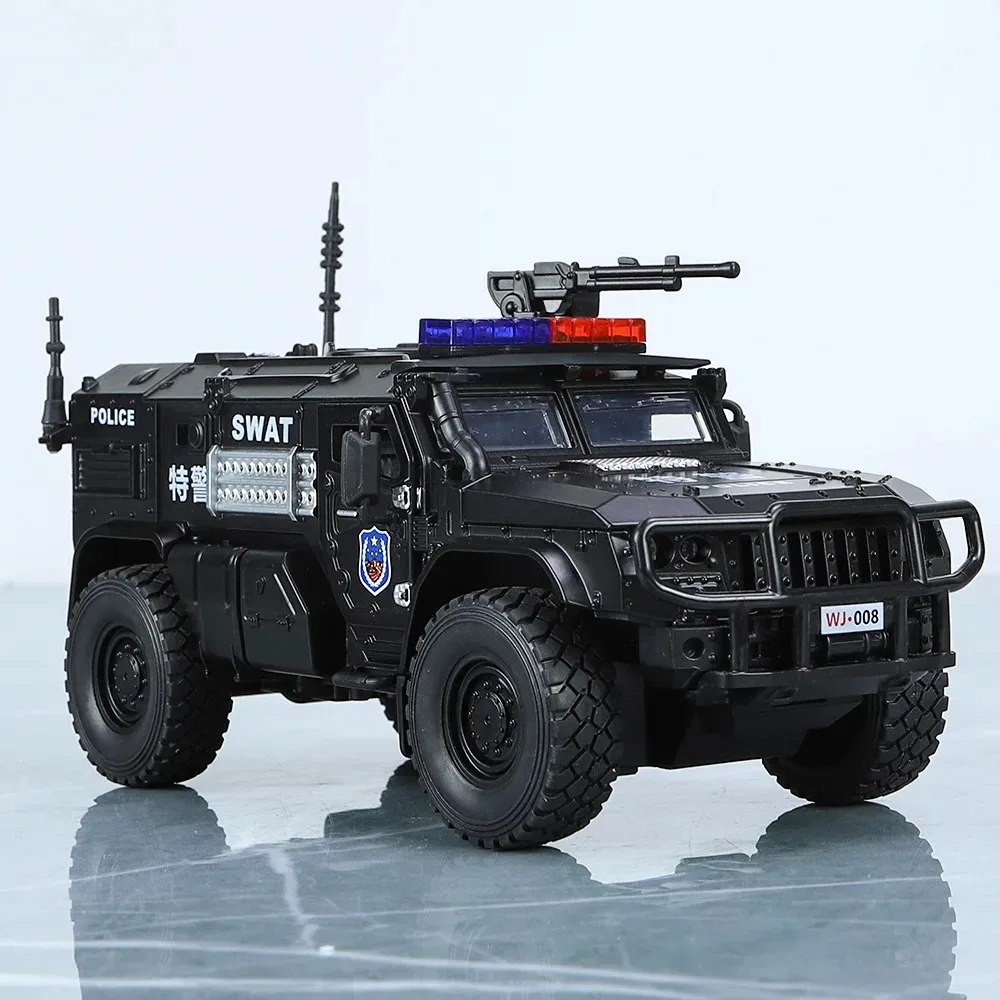 1:32 Scale SWAT Armored Car Model Toy 4D Engine Shock Absorption Pull Back Metal Diecast Vehicle Models Sound Light Gift for Kid