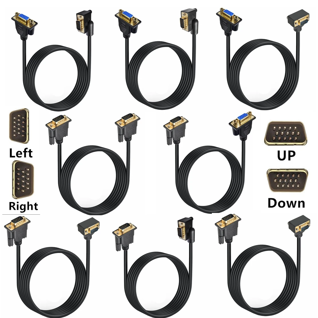 HD 15Pin VGA D-Sub Video Cable 90 Degree Up Down Left Right Angled Male to Male Female extended Cord For Projector TV Monitor