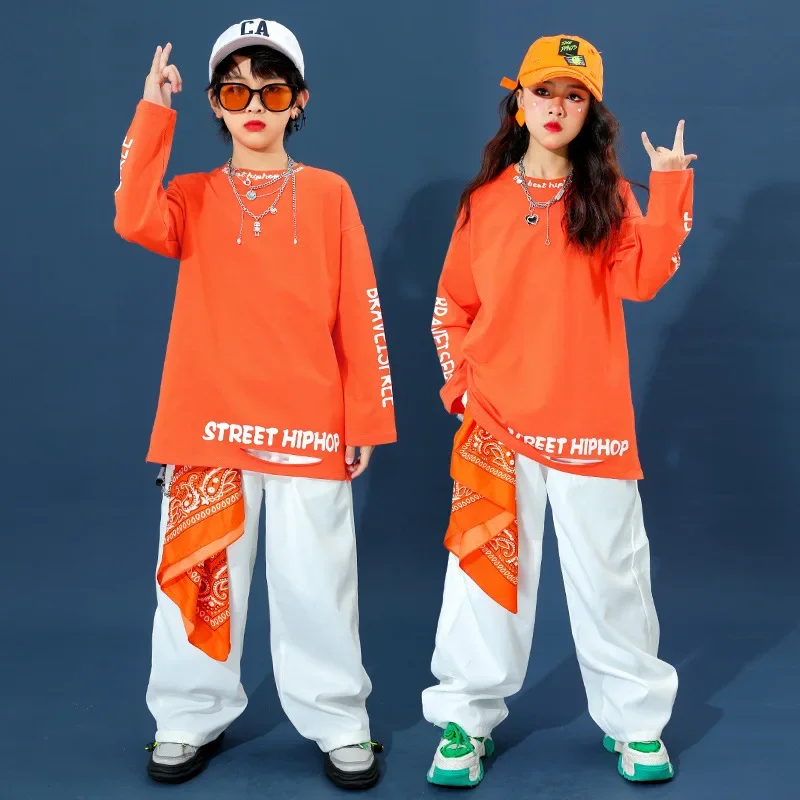 Kids Street Dance Hiphop Kleding Wit Vest Oranje Sweatshirt Baggy Broek Girl Boy Drum Jazz Performance Outfit Podiumkostuum