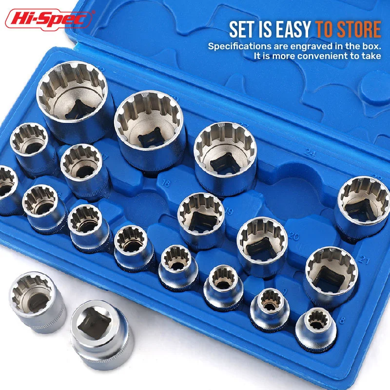 Hi-Spec 8-32mm Soket Kunci Roda Gigi 1/2 "Drive 12 Titik Kunci Soket Torx Set Hex Splined Bit Soket Set Hex Bit dengan Kotak Biru