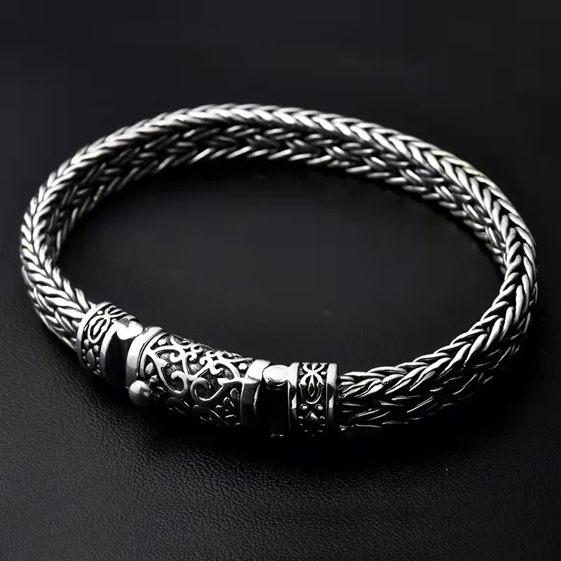 s925 Silver Color Seiko Men's for Bracelet Creative Pure Woven Retro Trend Personality Thick Domineering Curved Buckle Jewelry