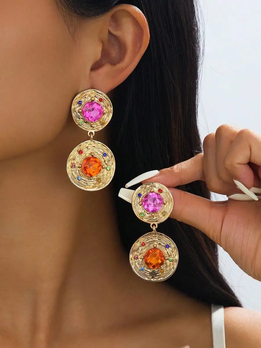 

Vintage Style Double Disc Rhinestone Drop Earrings For Women Party Wear