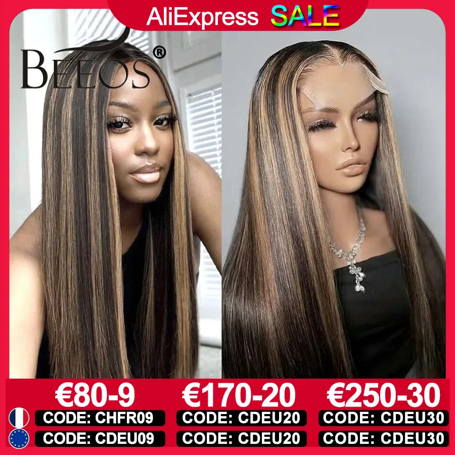 BEEOS 250% 1B/27 Highlight Skinlike 13x6 HD Lace Front Human Hair Wigs Straight 5x5 HD Lace Closure Wig Pre plucked Brazilian