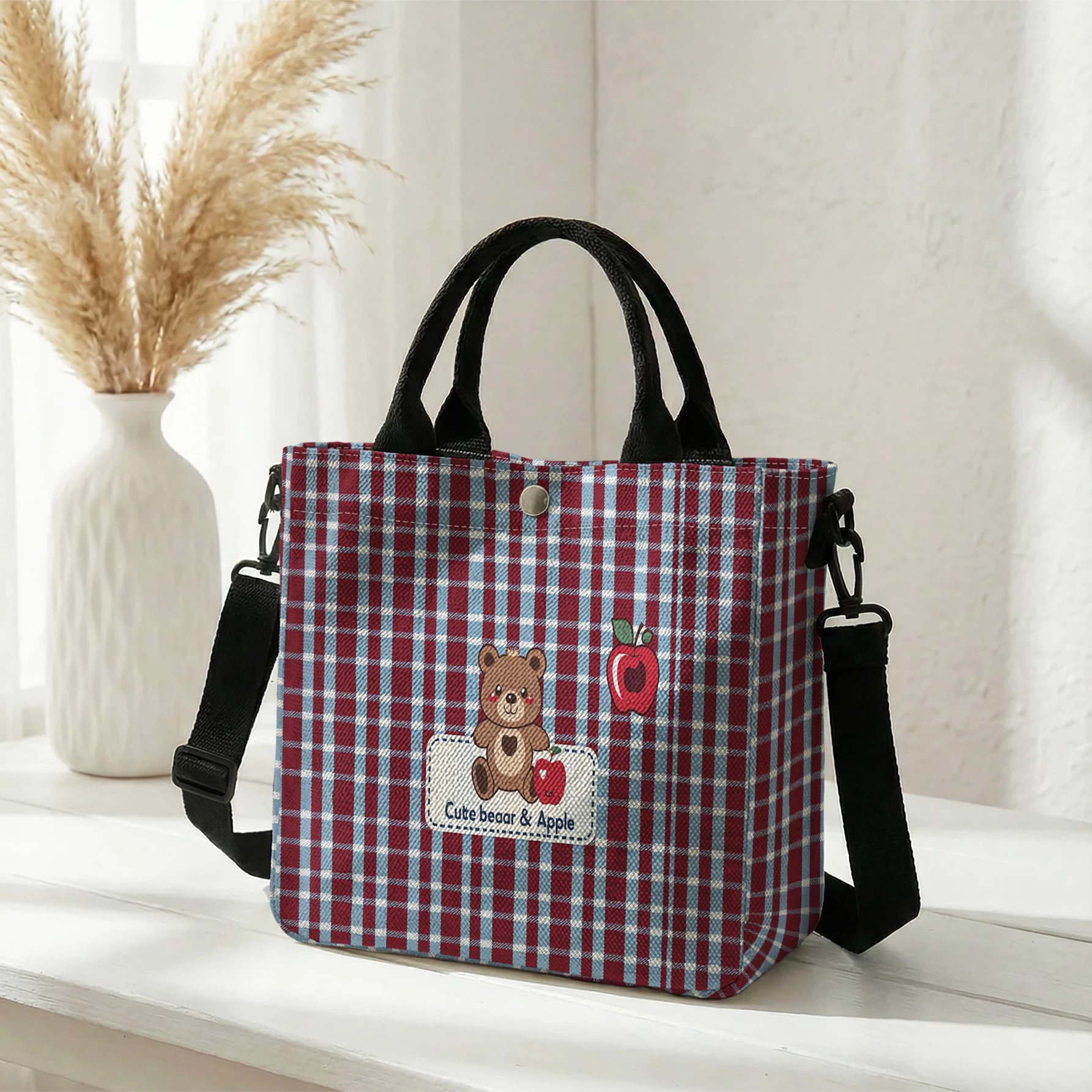 Plaid Bear Apple Print Tote Bag, Detachable Strap Crossbody Handbag For Daily Work Shopping