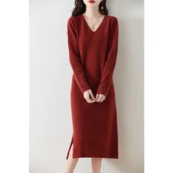 Hot Sale 100% Wool Sweater Dress for Women Winter/ Autumn V-Neck Female Solid Dresses Long Style Knit Pullover Girl Clothes