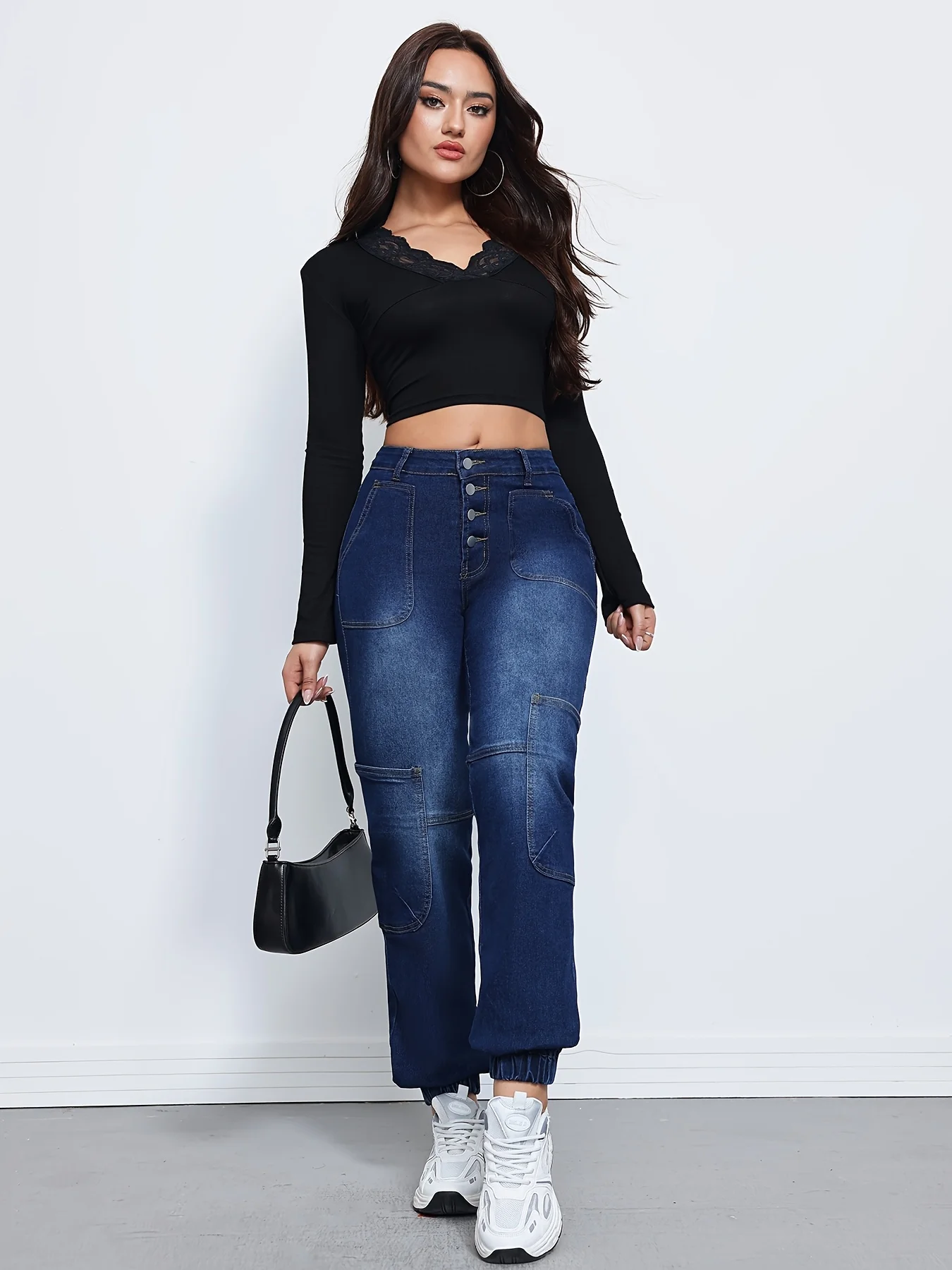 파란색 하이웨이스트 스트레이트 레그 진, 포켓 포함, 루즈핏, 신축성 있는 캐주얼 카고 팬츠 스타일, 여성용 청바지 및 의류