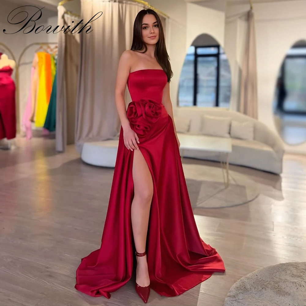 

Bowith Handmade Flowers Side High Slit Evening Dresses Customized Strapless A-line Satin Prom Party Gown Formal Women Dress