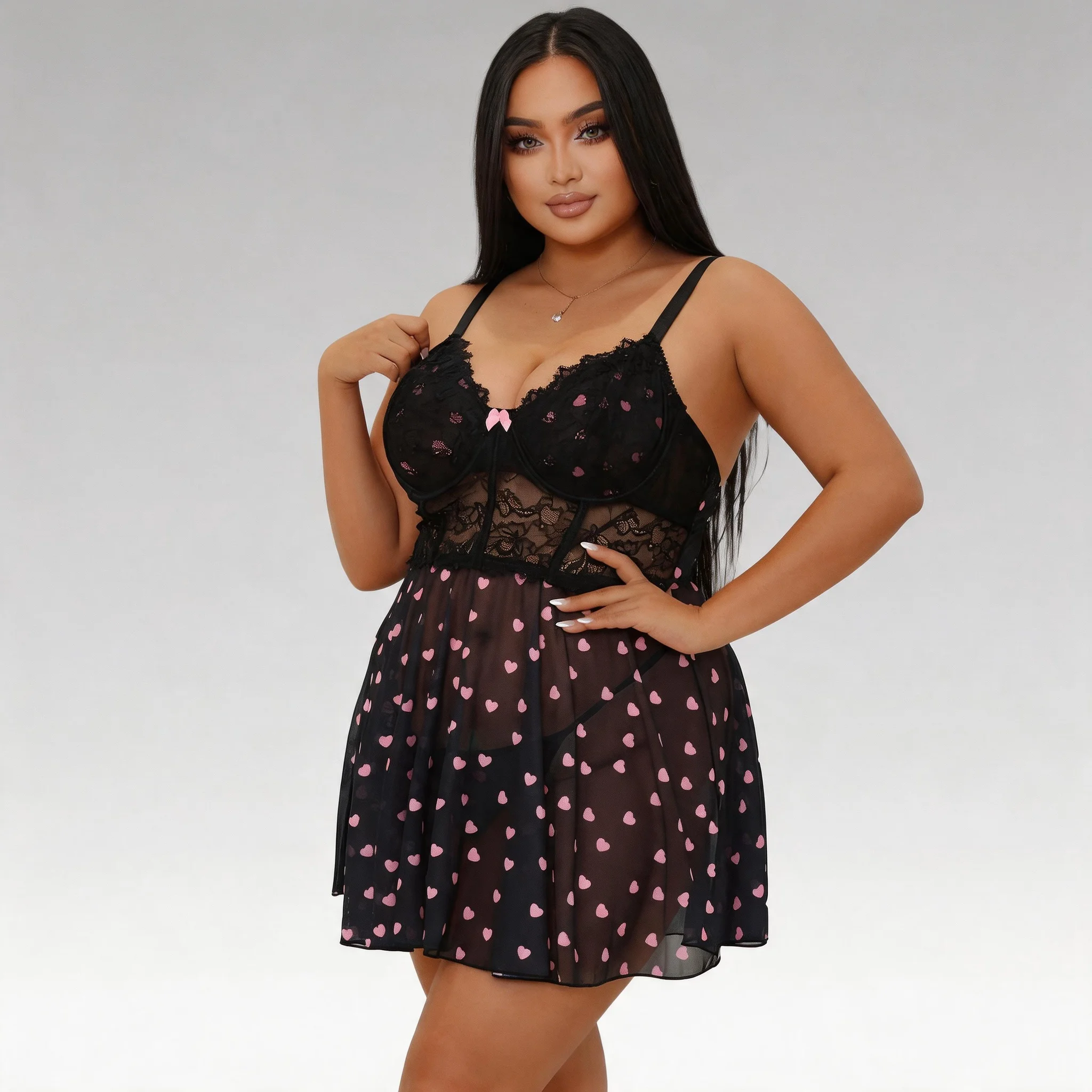 

Black Heart Print Lace Babydoll Lingerie Set for Women Push Up Underwire Nightdress Mesh Sleepwear with Panties