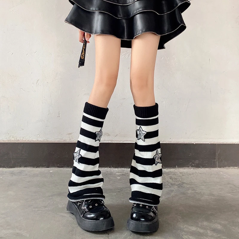 Y2K Punk Knitted Leg Warmers Star Gothic Harajuku Women Heart Two Side Wear Loose Fit Leg Covers Sock JK Thigh High Lolita