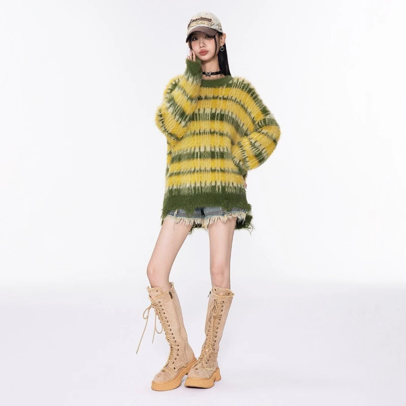 Lazy Oversized Drop Shoulder Long Sleeve Sweater Women's Autumn/Winter New Fashion Fake Fur Soft Fluffy Loose Striped Knitwear