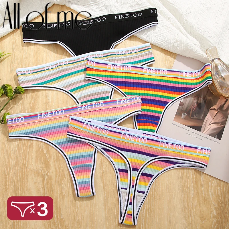 3PCS/Set Rainbow Colorful Striped Cotton Women Panties Sexy G-String Underwear Femme Finetoo Band Thong Intimate T-Back Lingerie