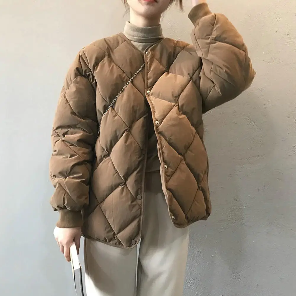 Jaqueta coreana elegante feminina, gola V acolchoada, casaco fino grosso, cardigã de bolsos de botão, algodão, outono, inverno