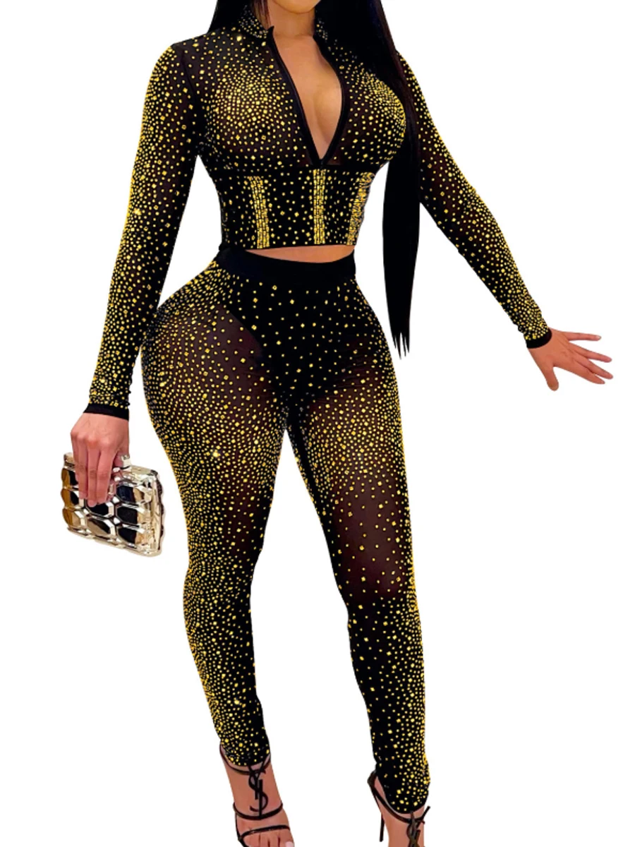 2 Piece Set Sheer Mesh Rhinestone Long Sleeve Top and Long Pants Set