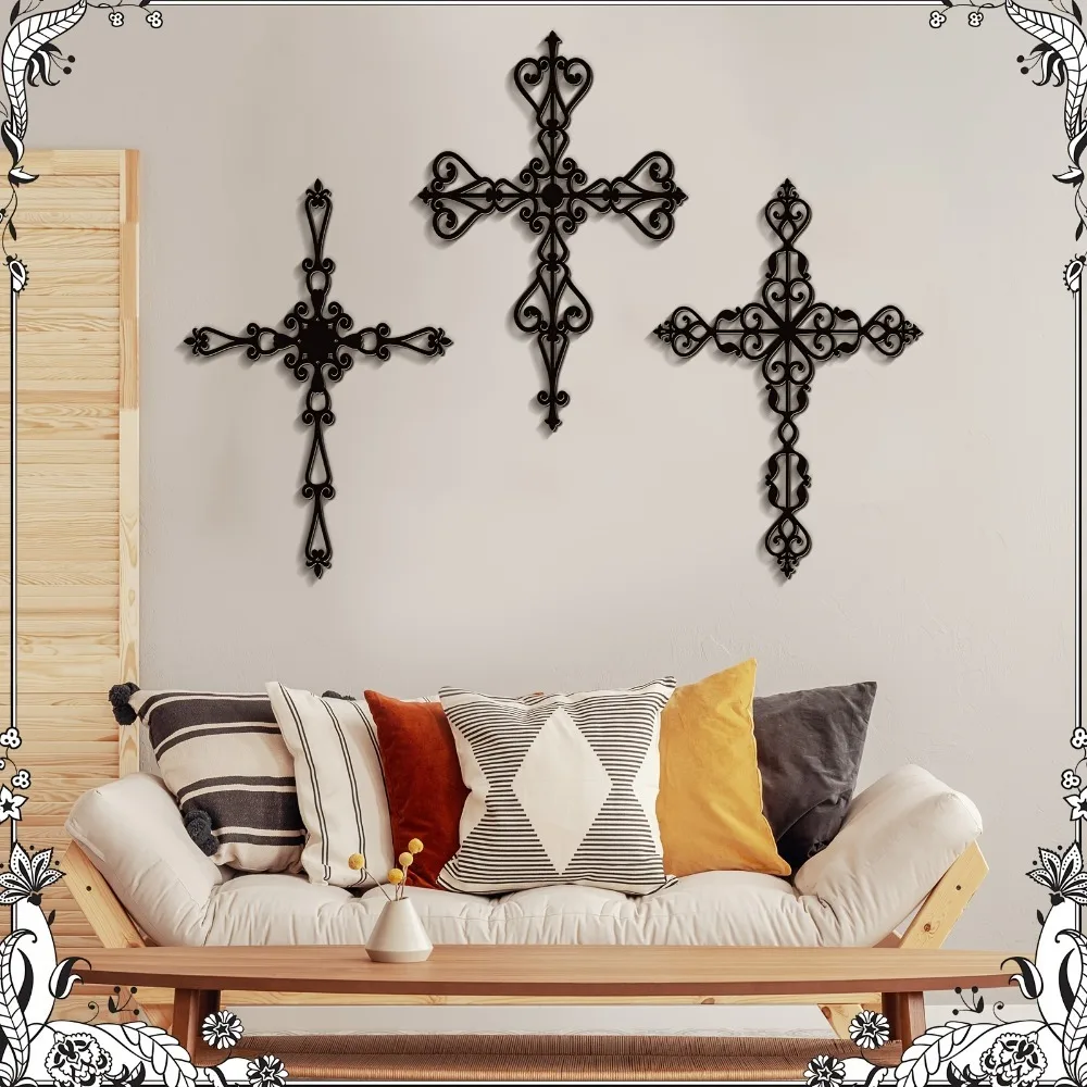 CIFBUY 1pc Metal Wall Art, 2D Flat Iron Vintage Cross‑Shaped Sculpture, Exquisite Carved Rust‑Resistant Hanging Decor