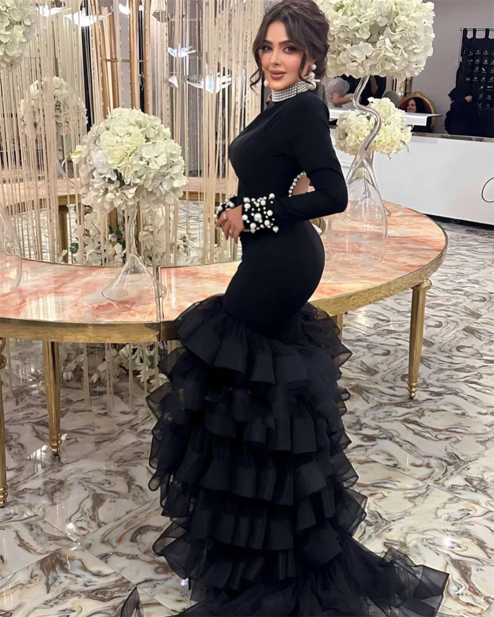 Customized Exquisite High Collar Mermaid Sweep/Brush Evening Dresses Beading Organza Formal Occasion Gown	robe pour cérémonie de