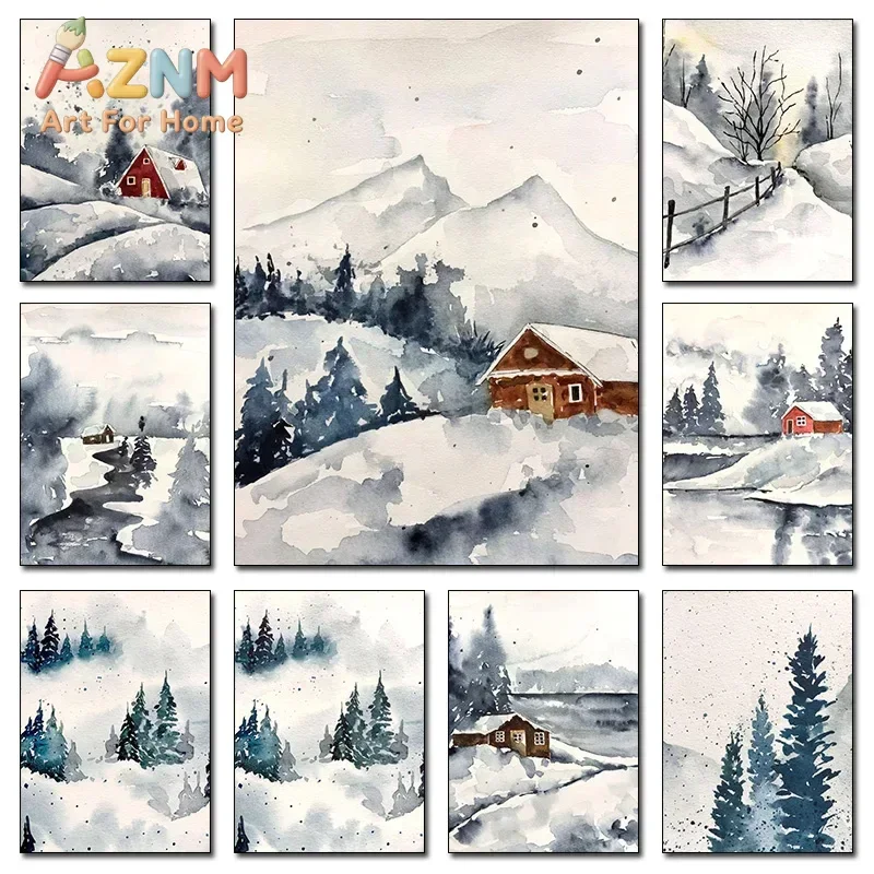 Nature Watercolor Poster Villages Snowy Rivers Landscape Painting Canvas Printing Home Wall Art Decoration Frameless Painting