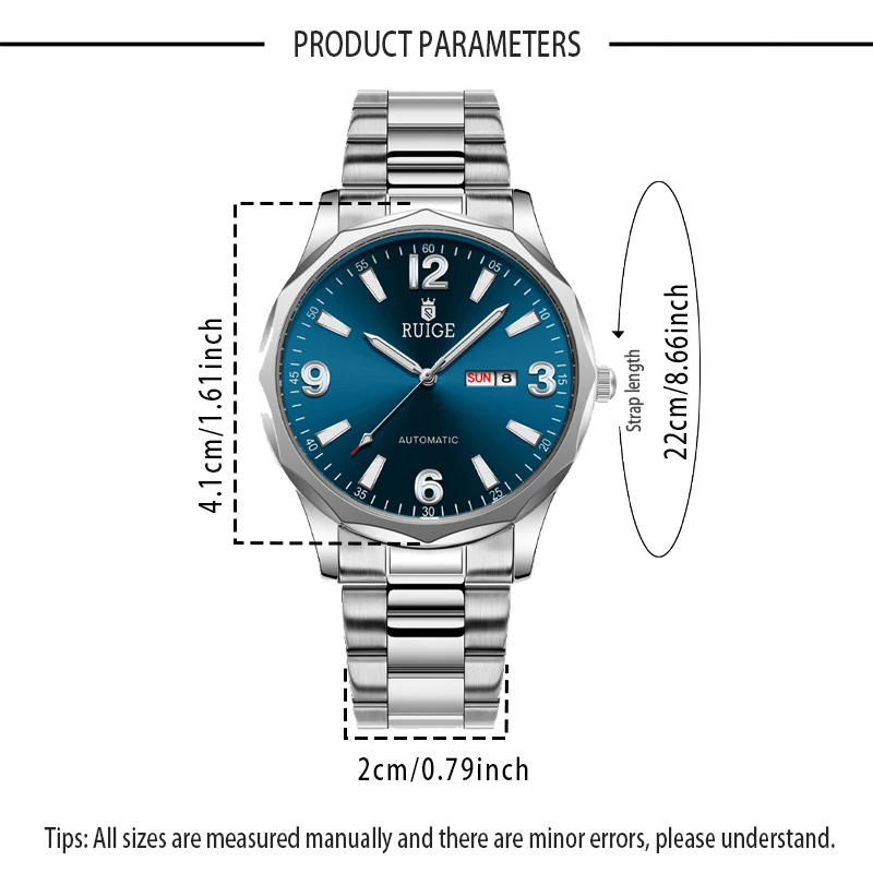 RUIGE   Stainless steel watch chain with luminous automatic mechanical watch, fashionable and trendy casual gift for men