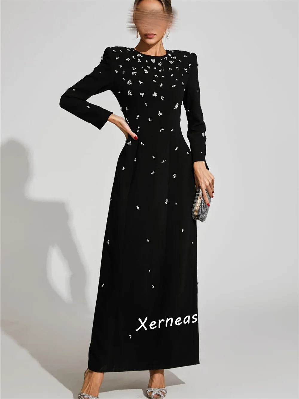 Customized Jersey Rhinestone O-Neck Midi Dresses Bespoke Occasion Classic Retro Elegant Women Evening Party Gown Glitter