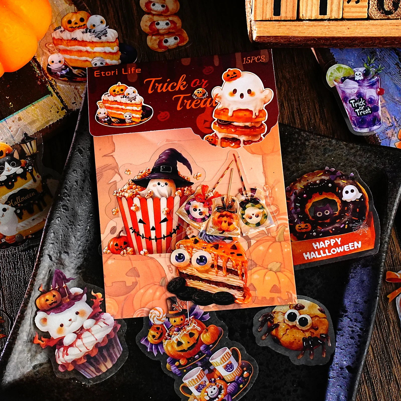 15 Stück Halloween Essen Cartoon süßes Muster Aufkleber Pack DIY Dekoration für Laptops, Handyhüllen, Gepäck, Fotoalben, Geburtstagsgeschenke, Spielzeugaufkleber, Partydekorationen