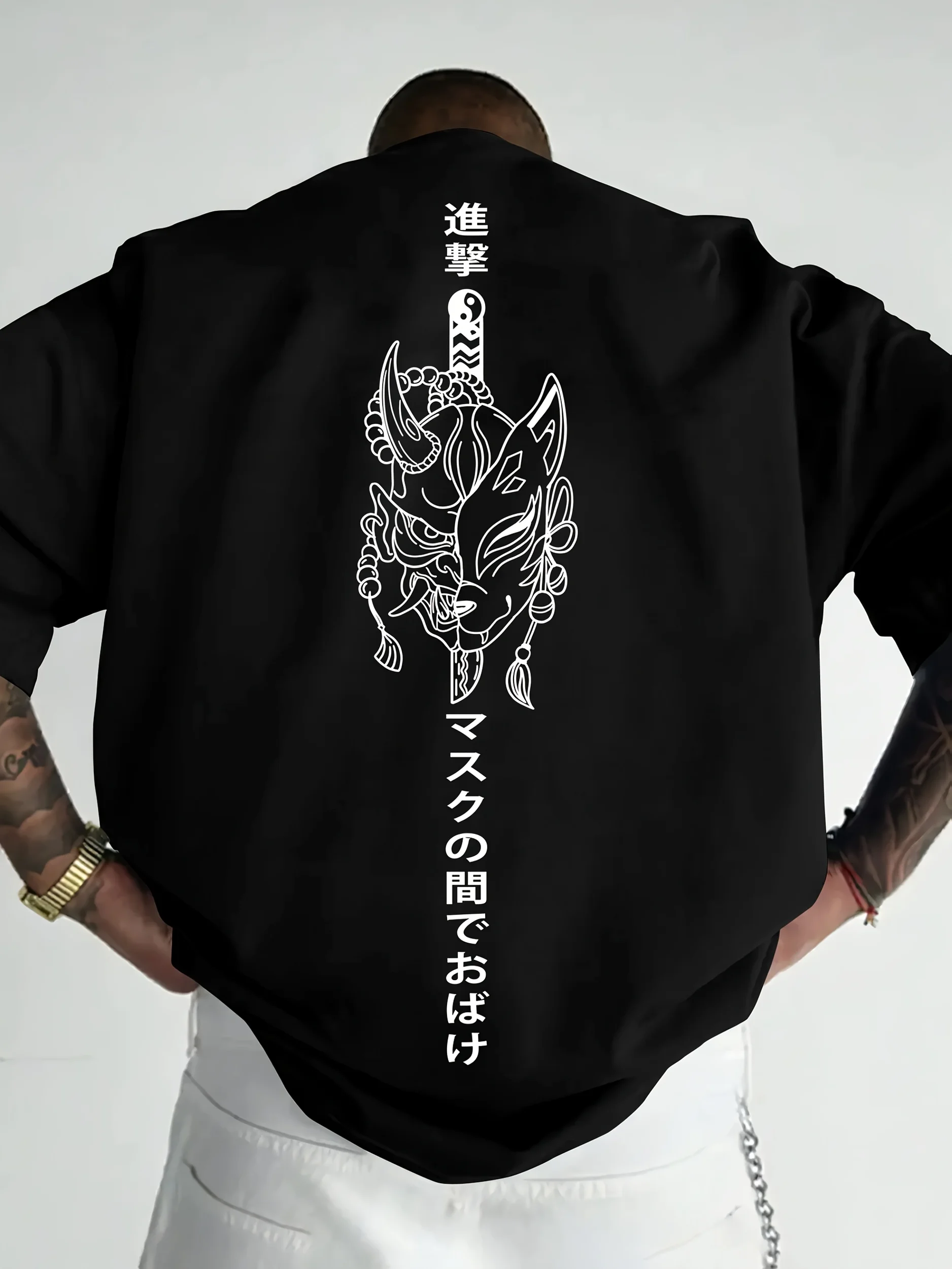 Men's Summer Casual Street-style Japanese-style Mask-patterned Print 100% cotton T-shirt Suitable for Outdoor Streetwear Wearing