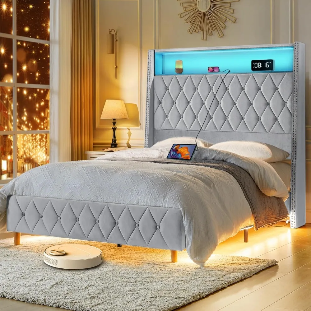 

LED Bed Frame Camas Queen with Charging Station, Velvet Upholstered Bed with Tall Storage Headboard, Motion-Sensing Ni