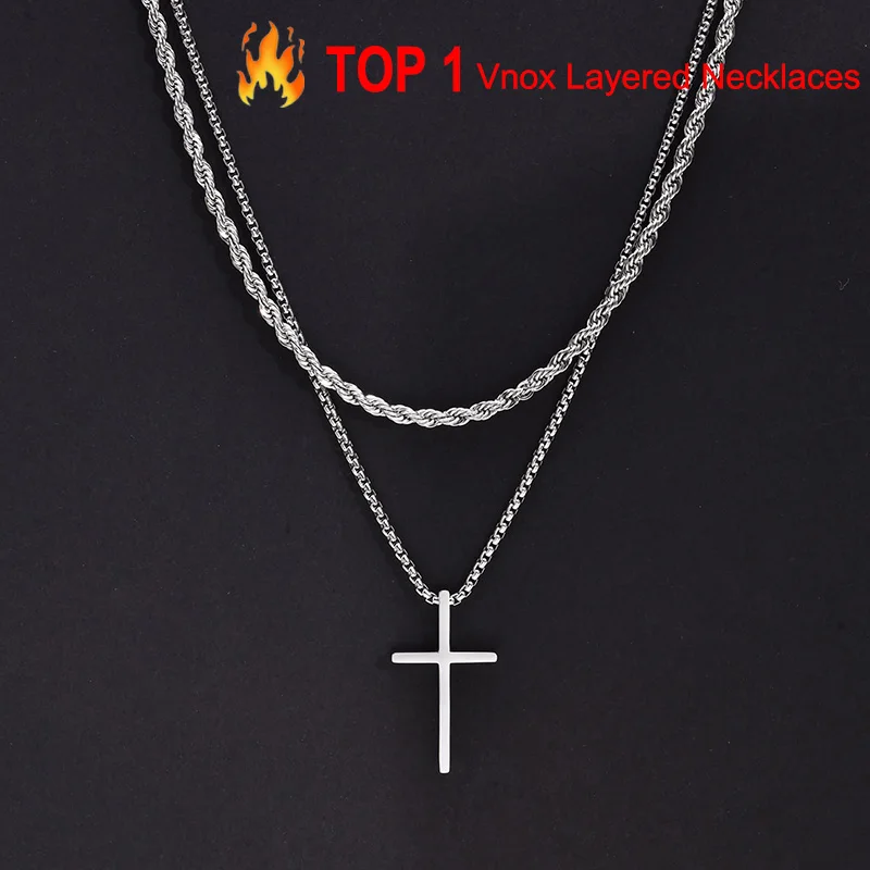 Vnox Mens Cross Necklaces, Stainless Steel Layered Plain Cross Pendant, Rope Box Chain Necklace, Simple Prayer Jesus Collar