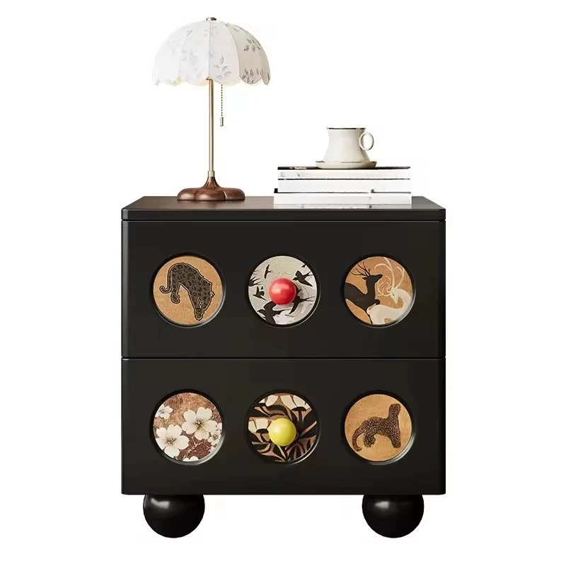 Modern cartoon animal-patterned white bedside table with two drawers and round knobs, suitable for children's bedrooms