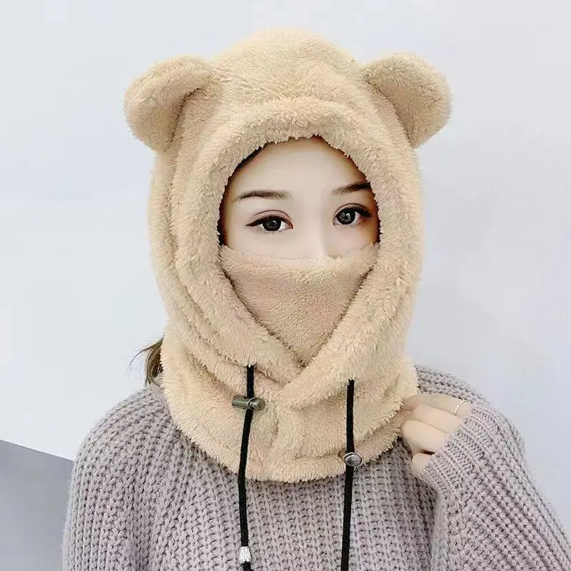 Women Youth Girls Winter Cute Cartoon Plush Bear Ears Hats Balaclava Warm Bear Hooded Hat Ear Protection Cap Windproof Thick